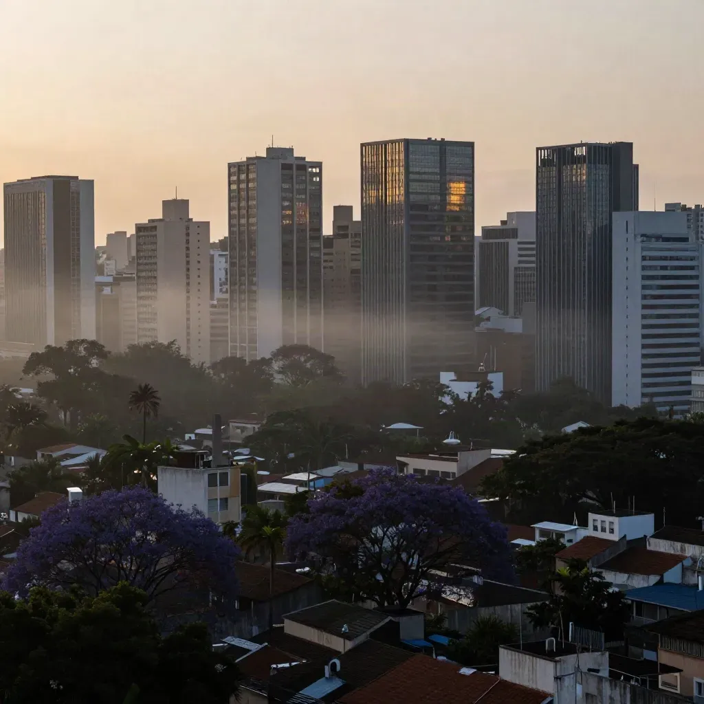 Skyline da Paulista ao amanhecer, com rooftops e névoa suave.