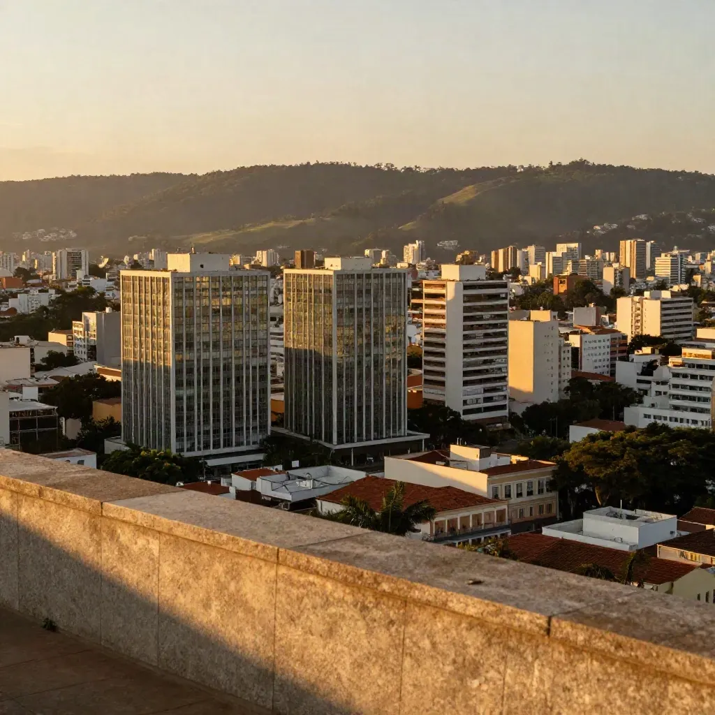 Panorama dourado de Campinas com prédios e morros verdes ao entardecer